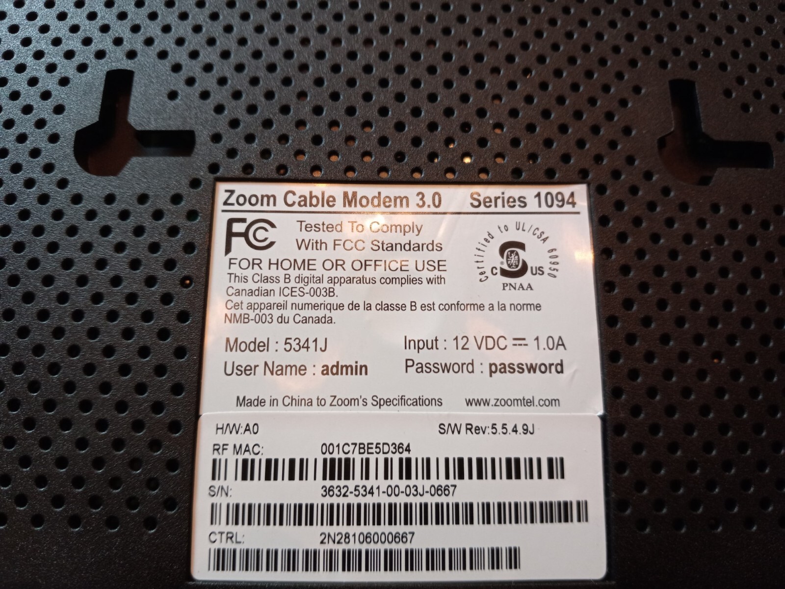 Zoom Cable Modem 3.0, Series 1094, Model 5341J/53410000, DOCSIS 3.0, 43.9 Mbps