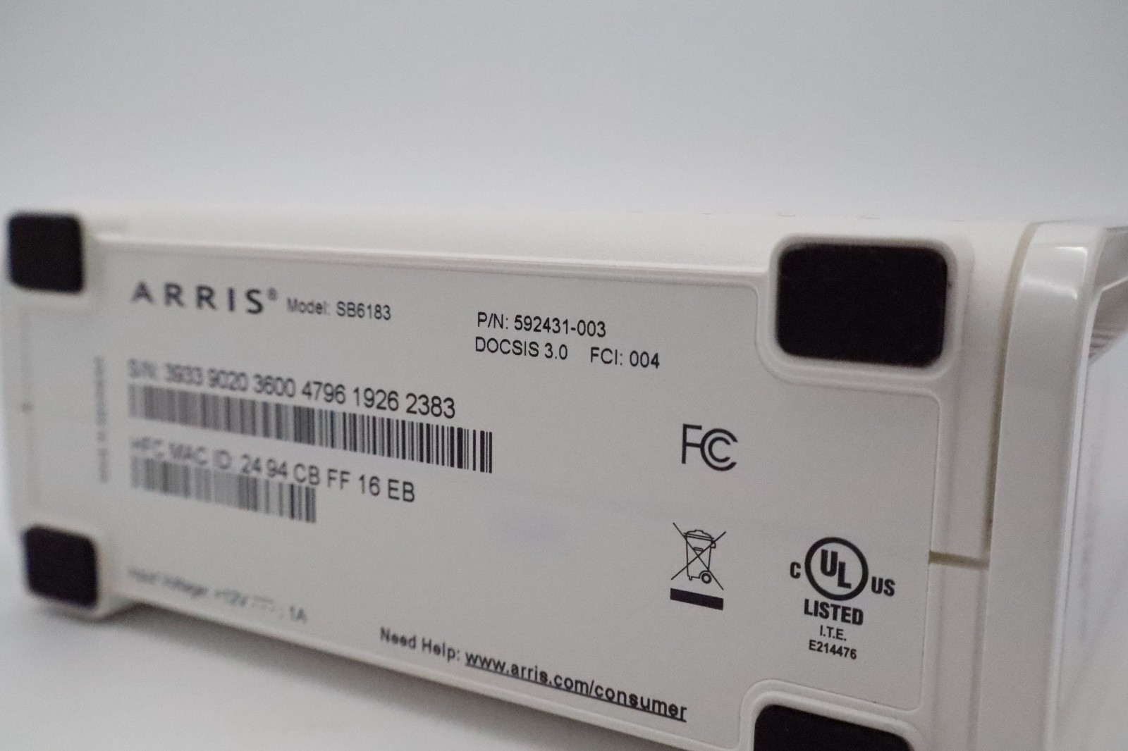 ARRIS SURFboard SB6183 DOCSIS 3.0 16×4 Cable Modem White No Power Adapter