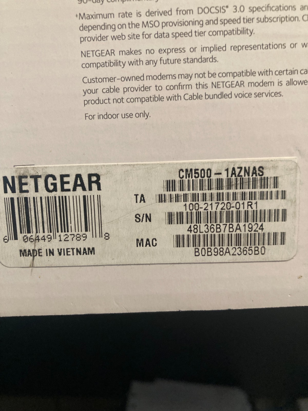 NEW Open Box Netgear CM500 High Speed Cable Modem No Quick Install Guide