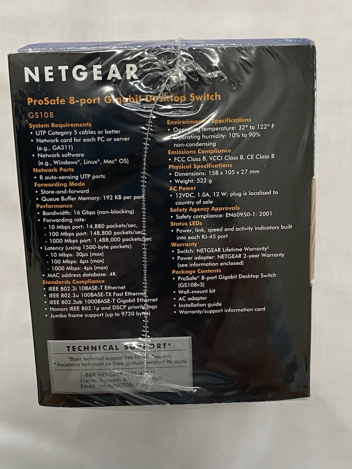 Netgear Prosafe 8 Port Gigabit Switch GS108 10/100/1000 Mbps New in Box
