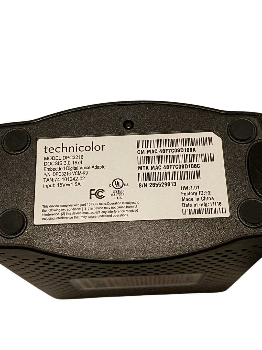 Technicolor DPC3216 DOCSIS 3.0 Cable Modem Embedded Voice Adapter Power Ethernet