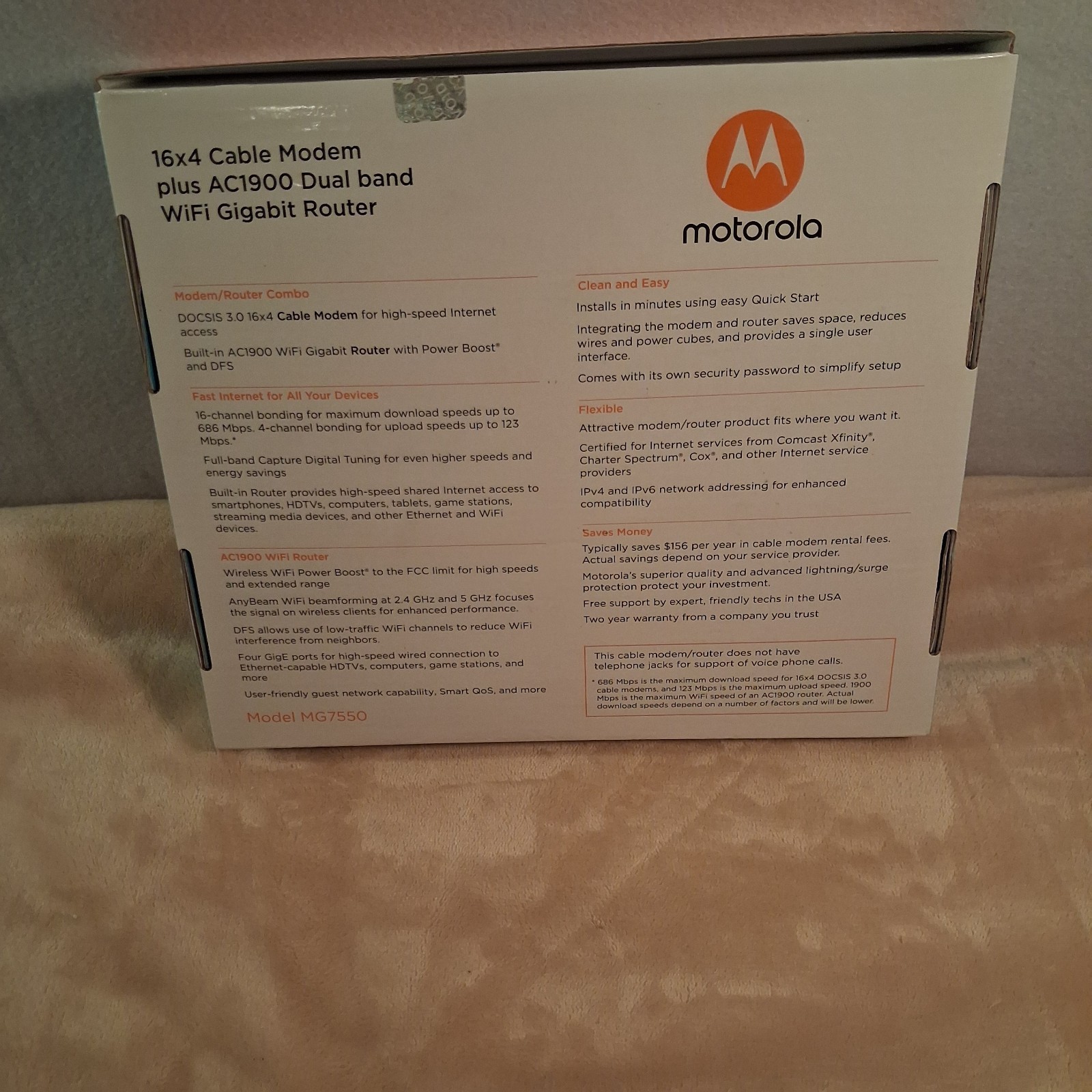 Motorola MG7550 16×4 DOCSIS 3.0 Cable Modem AC1900 Dual Band WiFi Router Combo