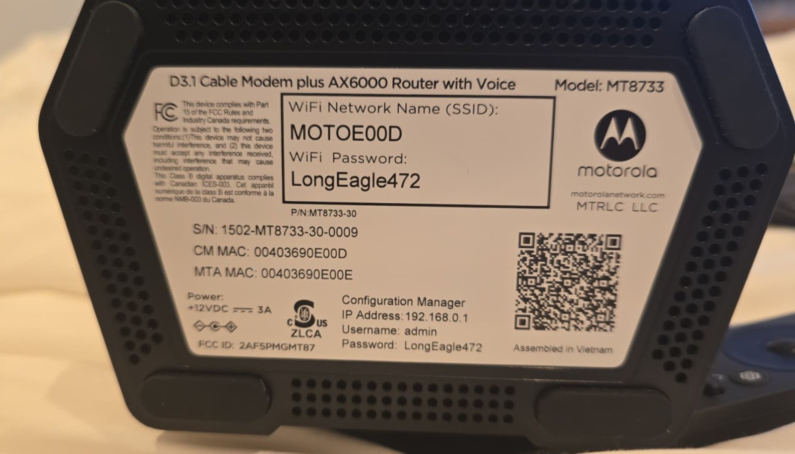 Motorola MT8733 DOCSIS 3.1 Cable Modem AX6000 WiFi 6 Router