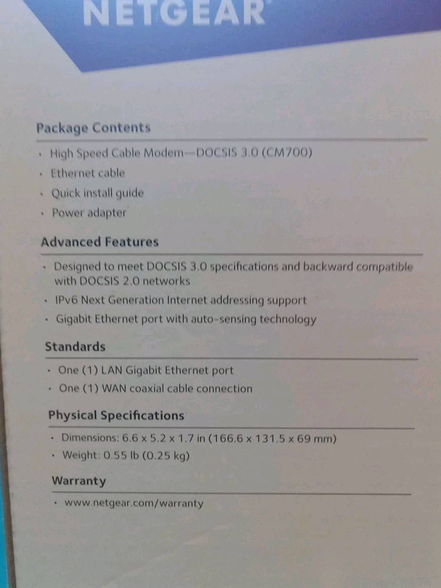 Netgear CM700 High Speed Cable Modem Cotains Modem And Adapter Only