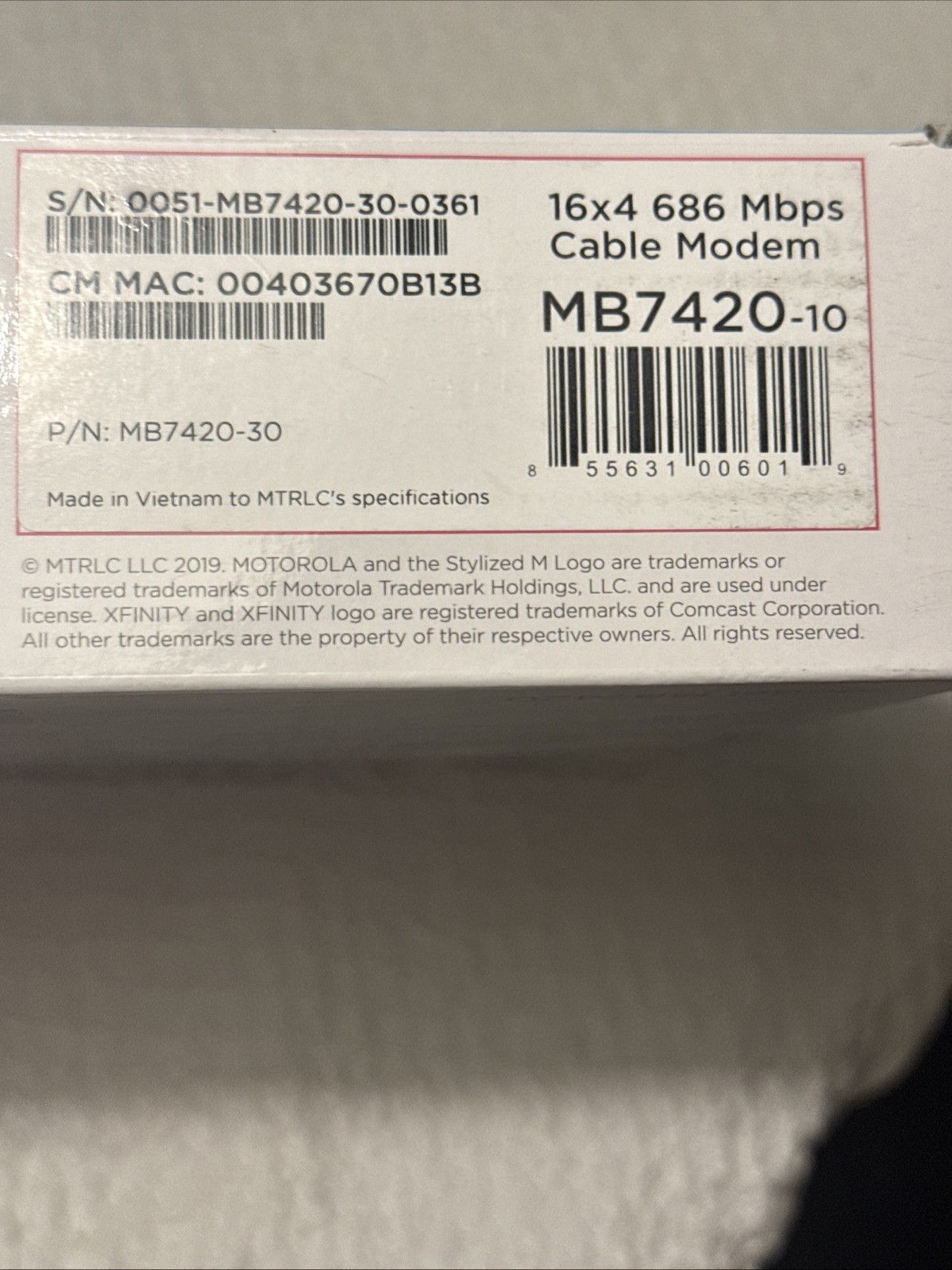 Motorola Cable Modem 16×4 686 Mbps Model MB7420 Comcast XFINITY Open Box