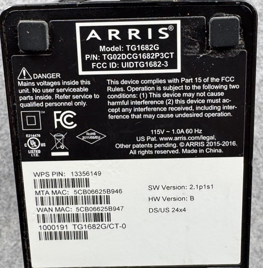 ARRIS TG1682G Panoramic Dual Band WiFi Router Cable Modem