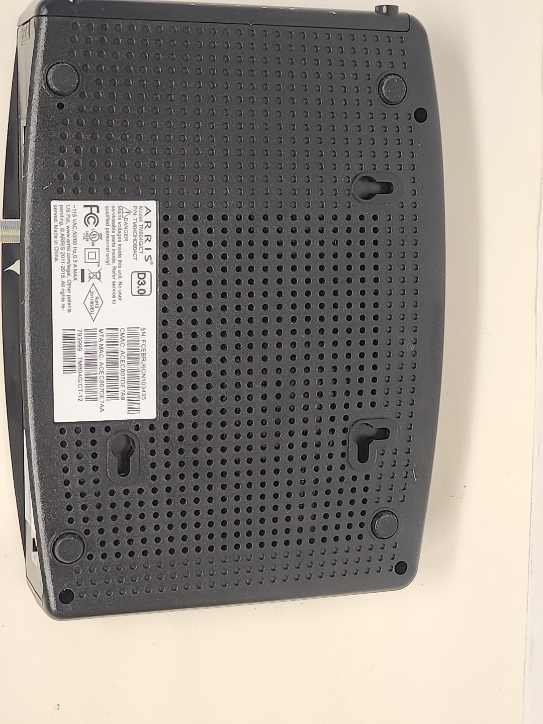 Arris Touchstone TM804G/CT Telephony Cable Modem Docsis 3.0 NO Adapter