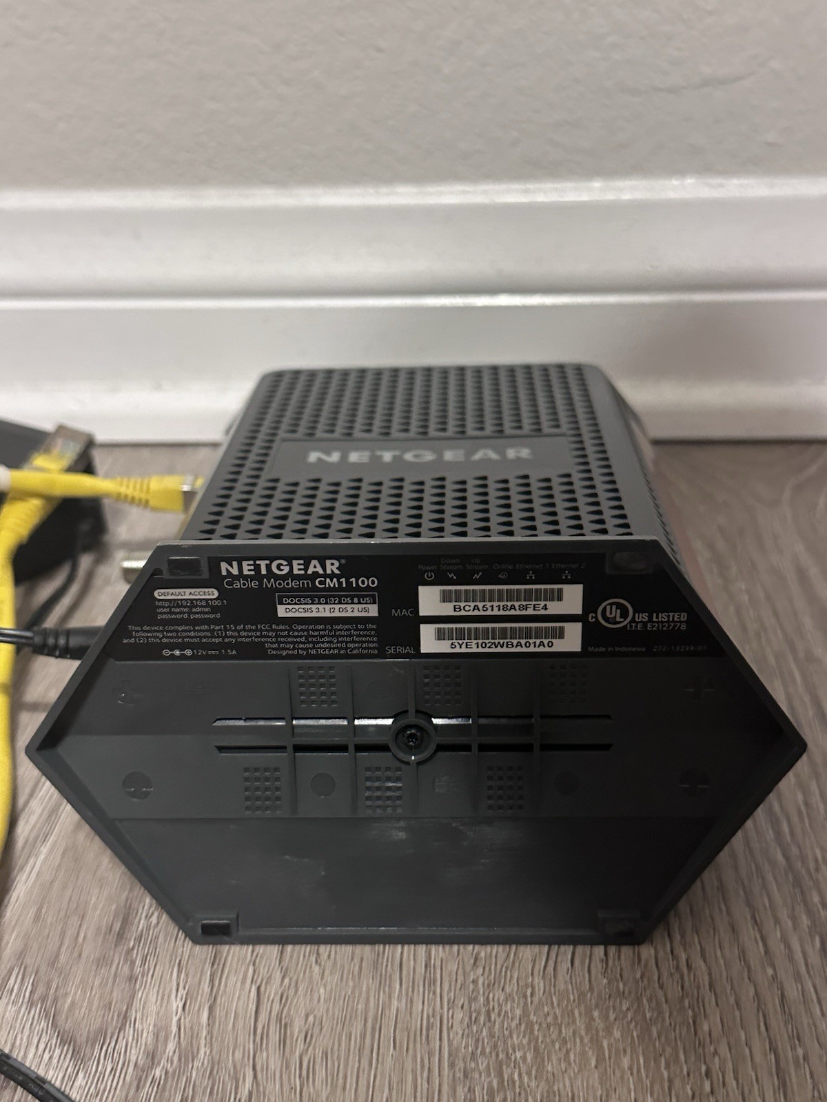 Netgear Cable Modem CM1100 With Power Cord And Ethernet Cable