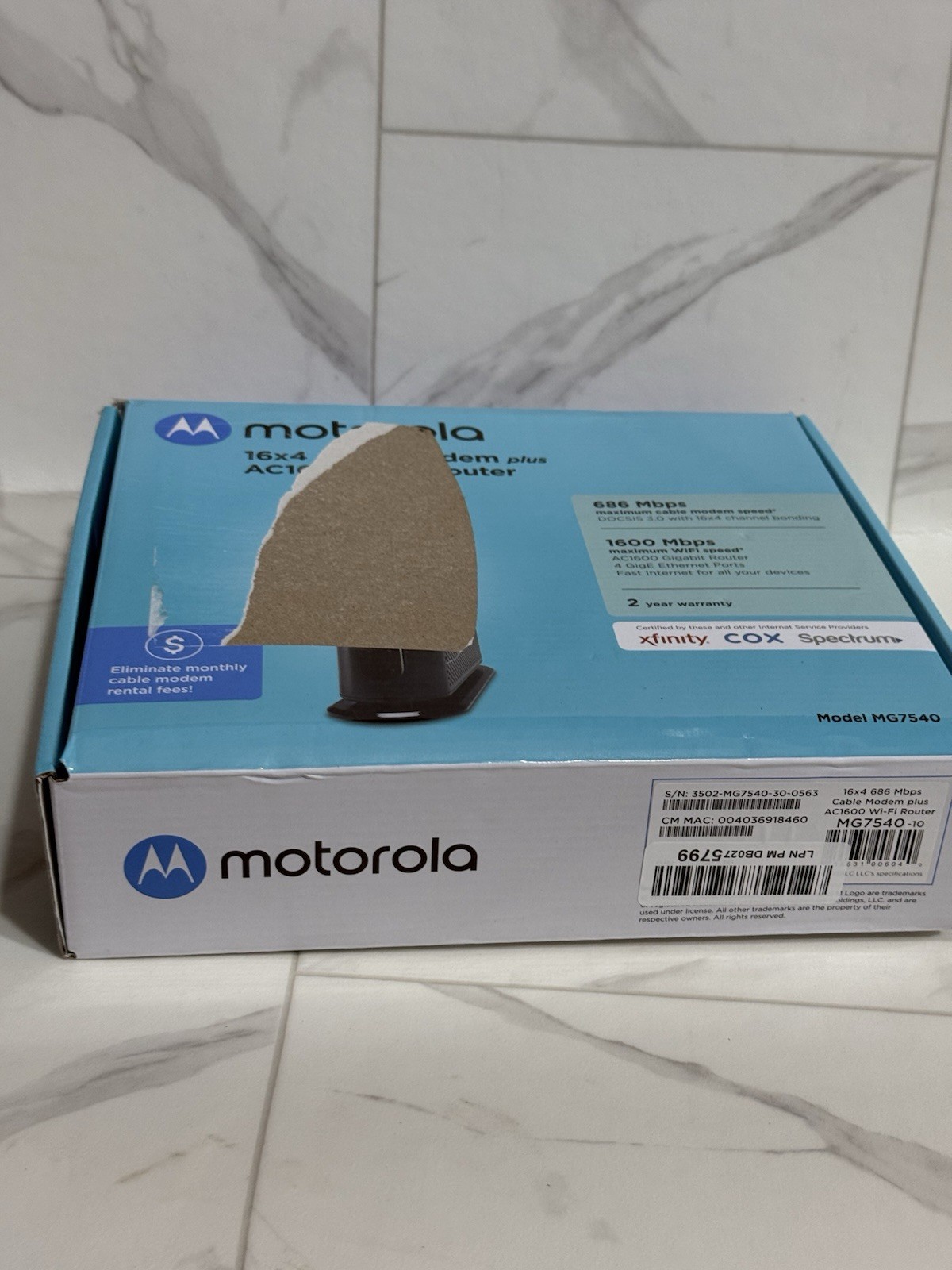 Motorola 16×4 Cable Modem Plus AC1600 Dual Band WiFi Gigabit Router Model MG7540