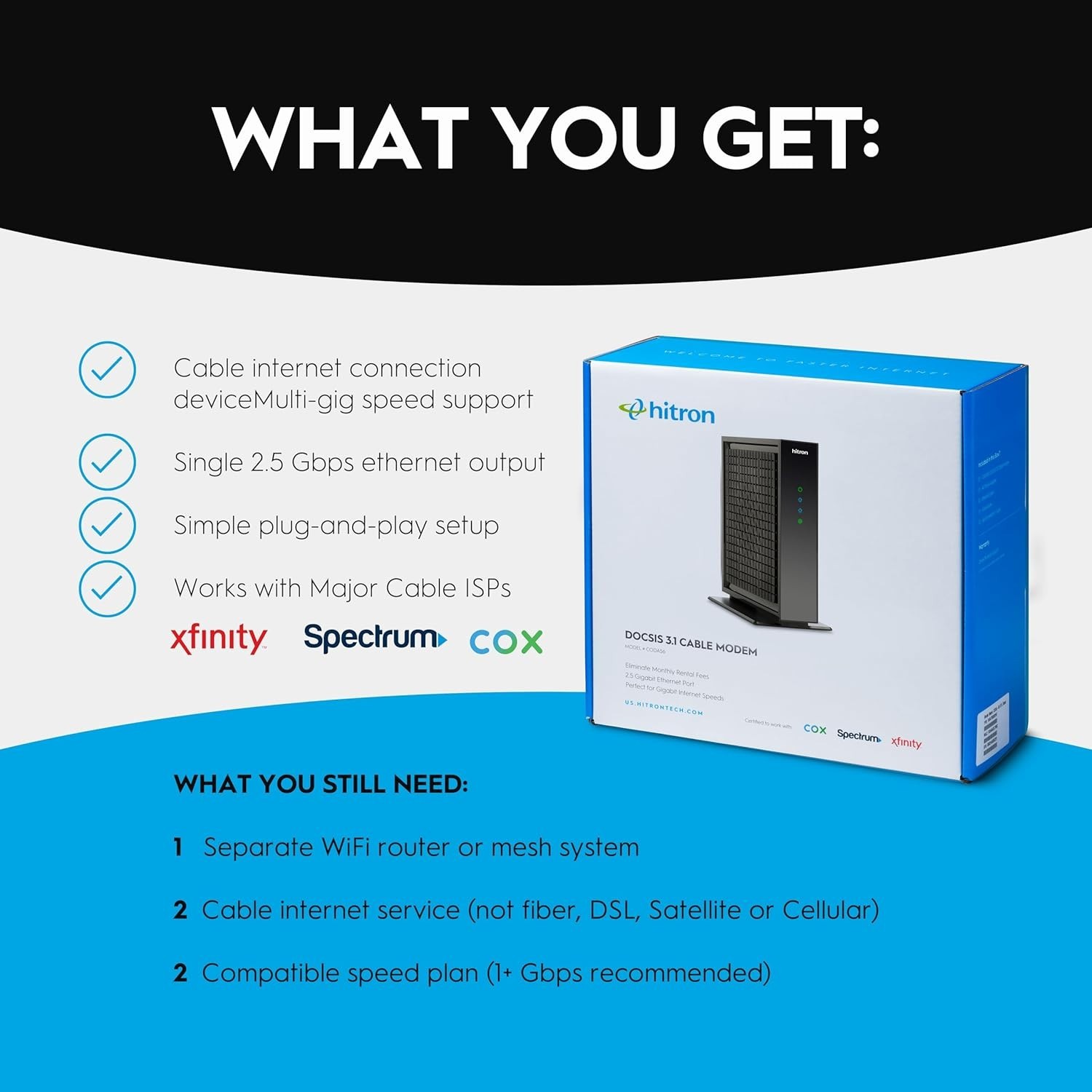 CODA56 Cable Internet Modem – Blazing 2.5 Gbps, Ethernet, Not for DSL/Fiber