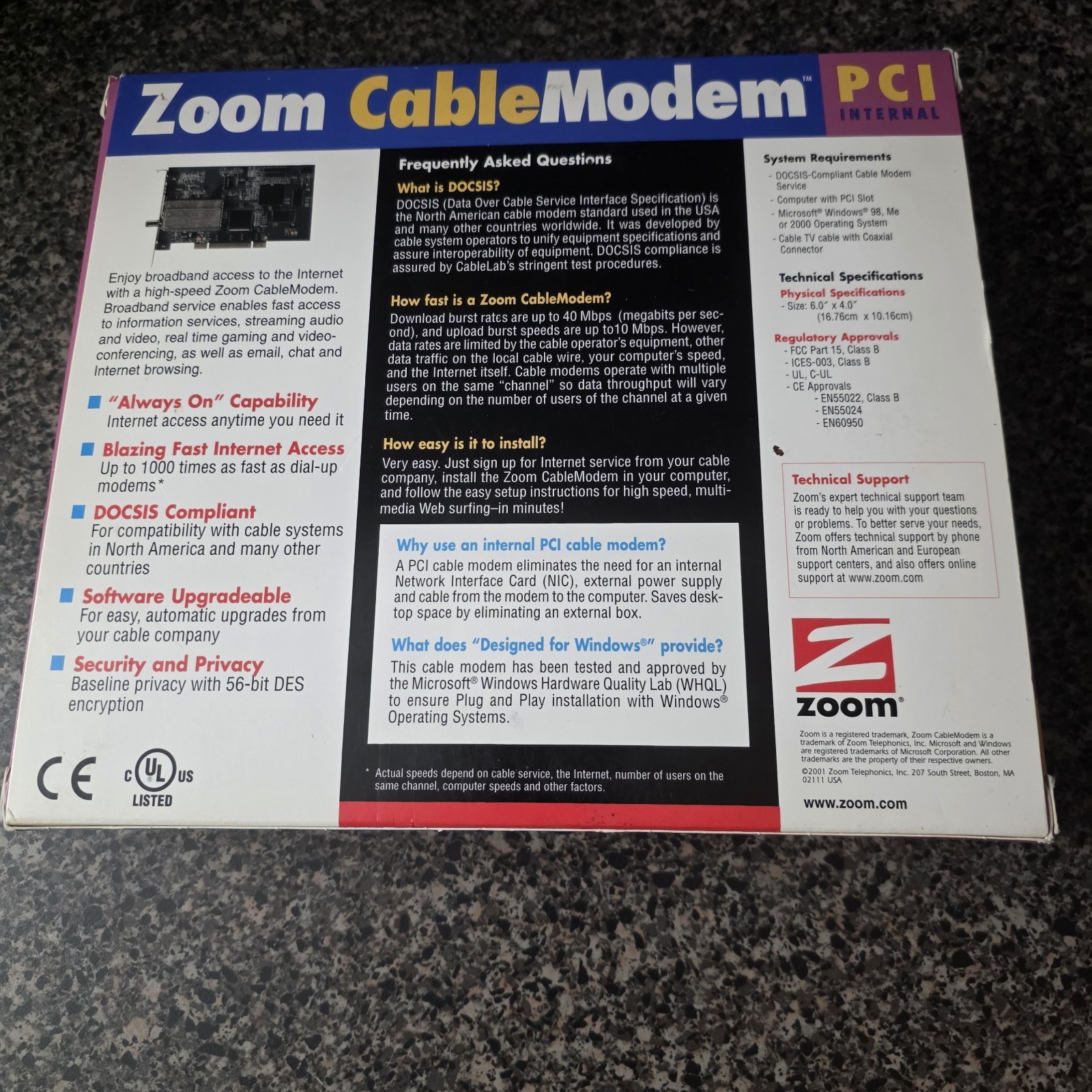 Zoom CableModem PCI Internal Cable Modem Model 5001 Open Box Windows 98 2000