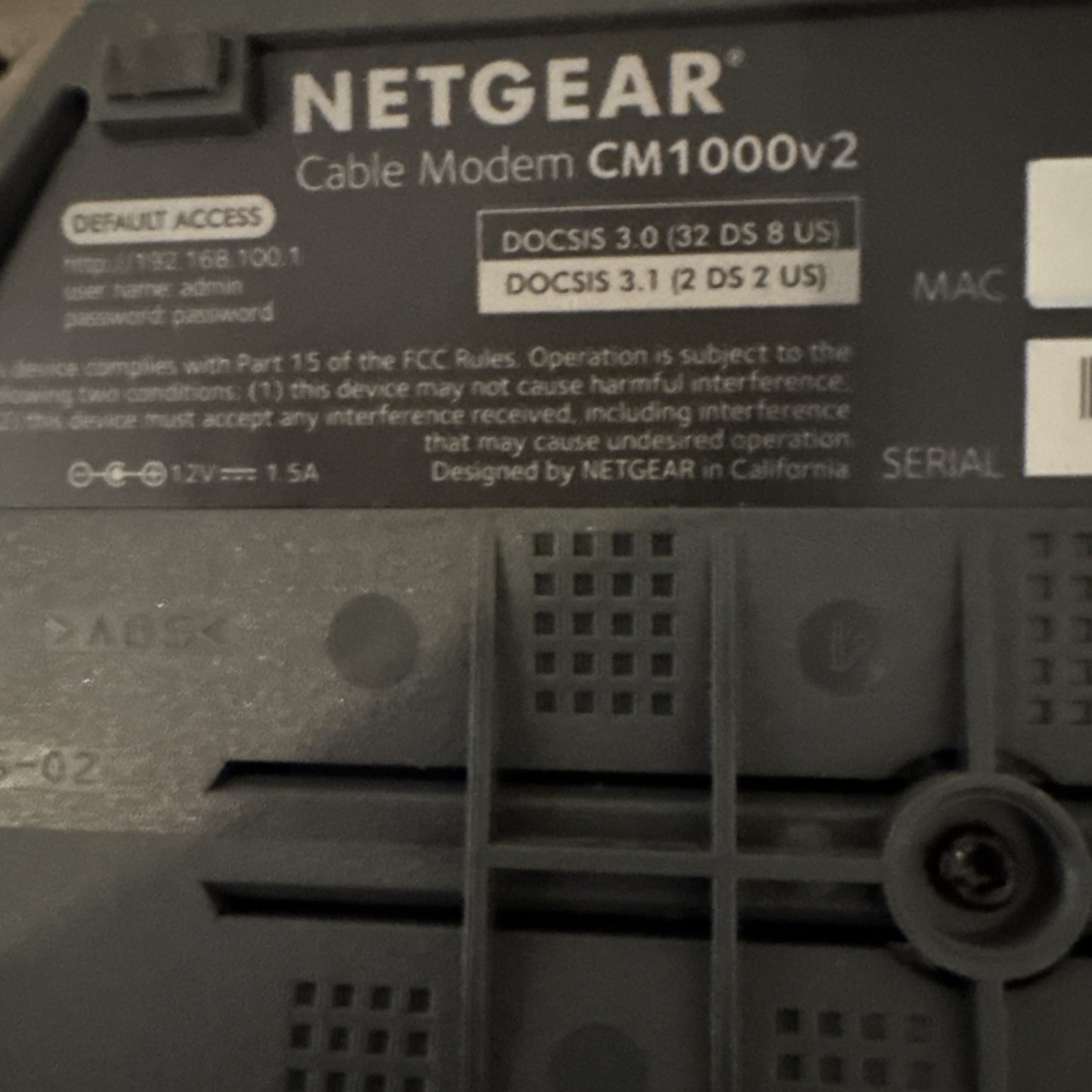 Netgear CM1000v2 Cable Modem DOCSIS 3.1