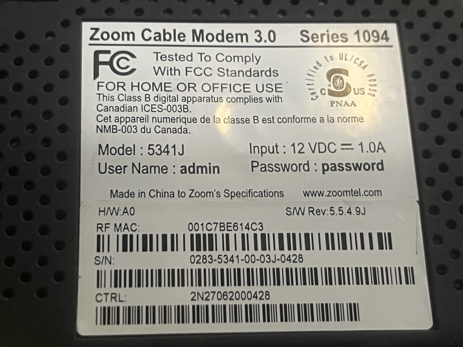 Zoom Cable Modem 3.0 Series 1094 Model 5341J
