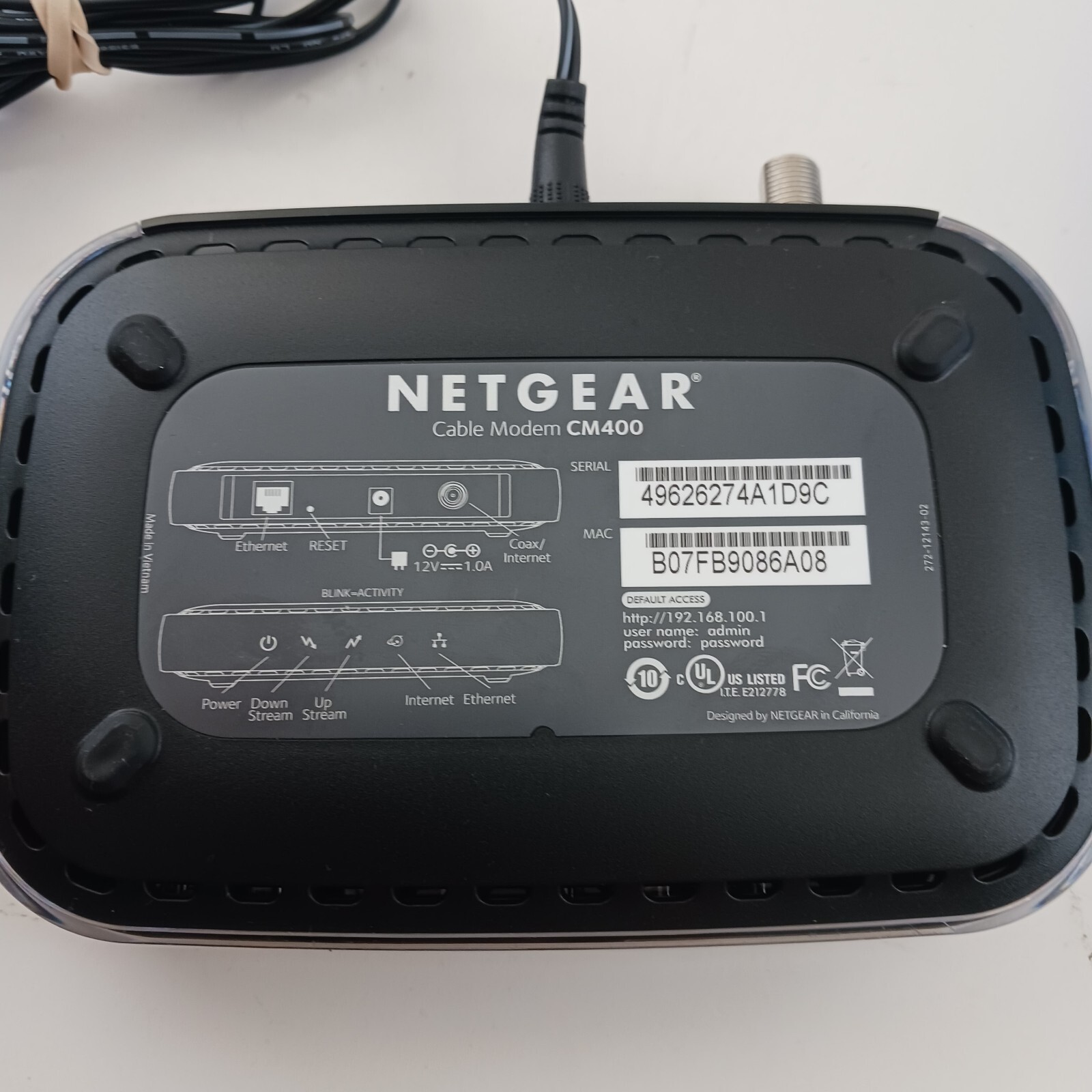 NETGEAR Cable Modem CM400 AC DC Adapter Model AD2025F10