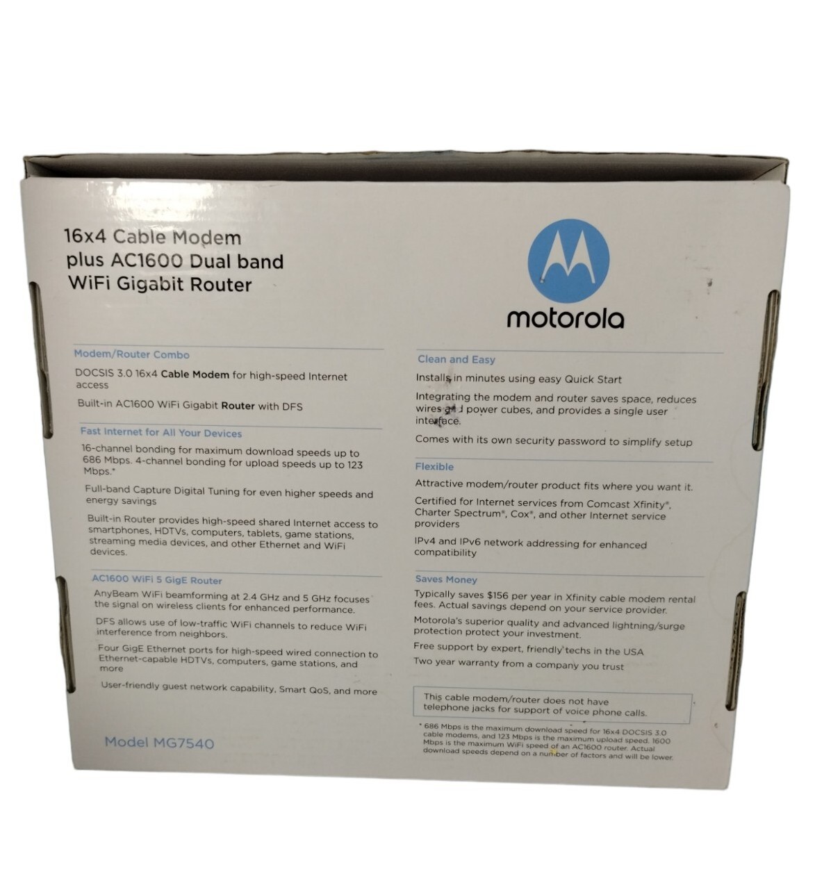 Motorola MG7540 AC1600 Dual-Band Wi-Fi 686 Mbps DOCSIS 3.0 Cable Modem