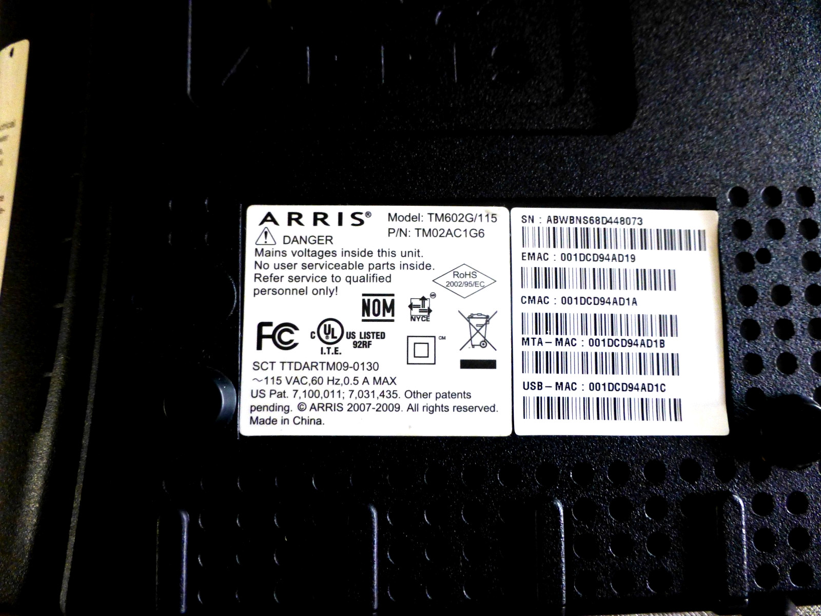 ARRIS TM602G/115 Touchstone Telephony Modem & Power Cord used Good Condition