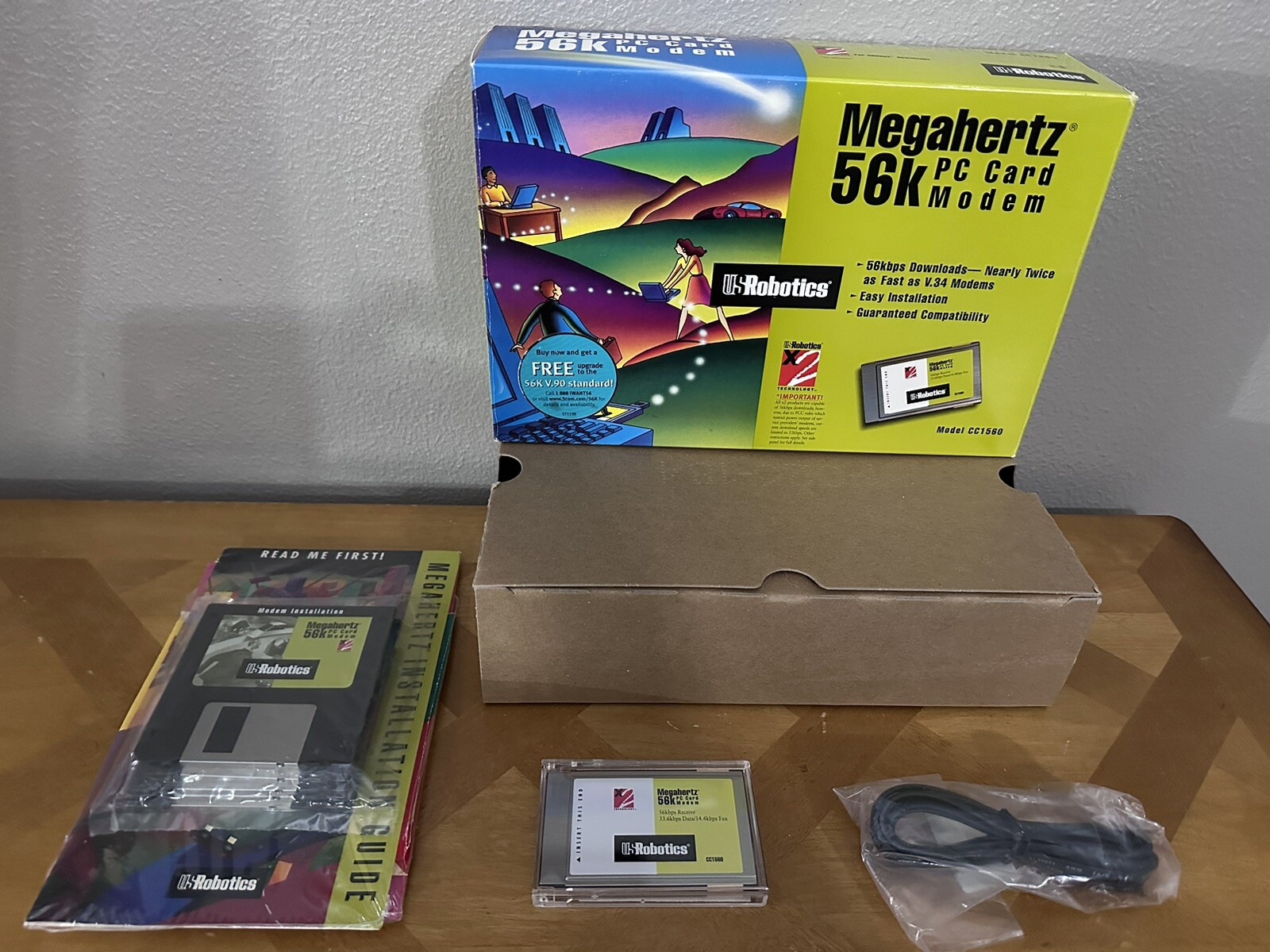 US Robotics Megahertz 56k PC Card Modem W/ Disk, Cord And Box. NEW