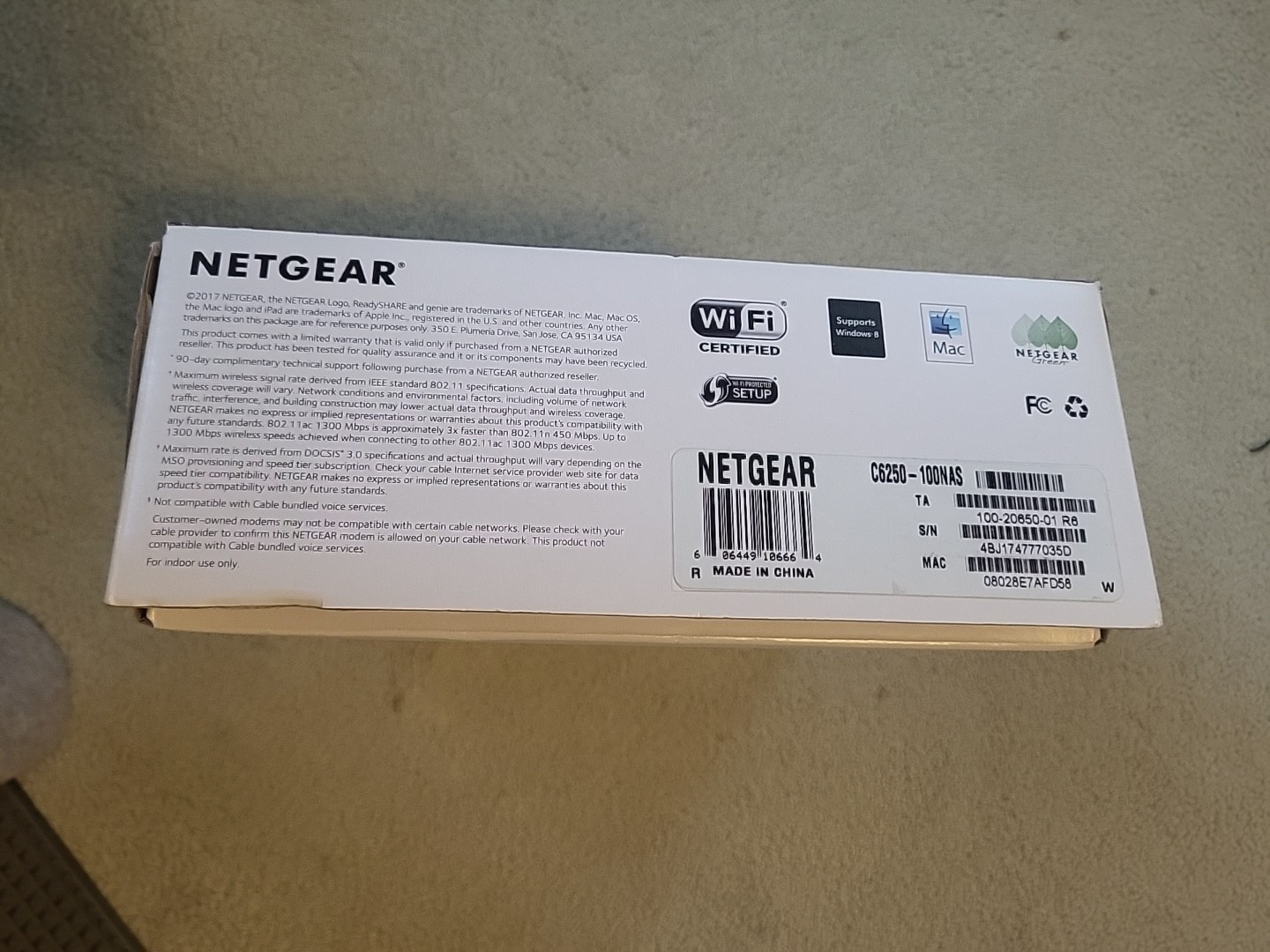 NETGEAR Cable Modem Wi-Fi Router Combo Dual Band C6250 DOCSIS 3.0 AC1600