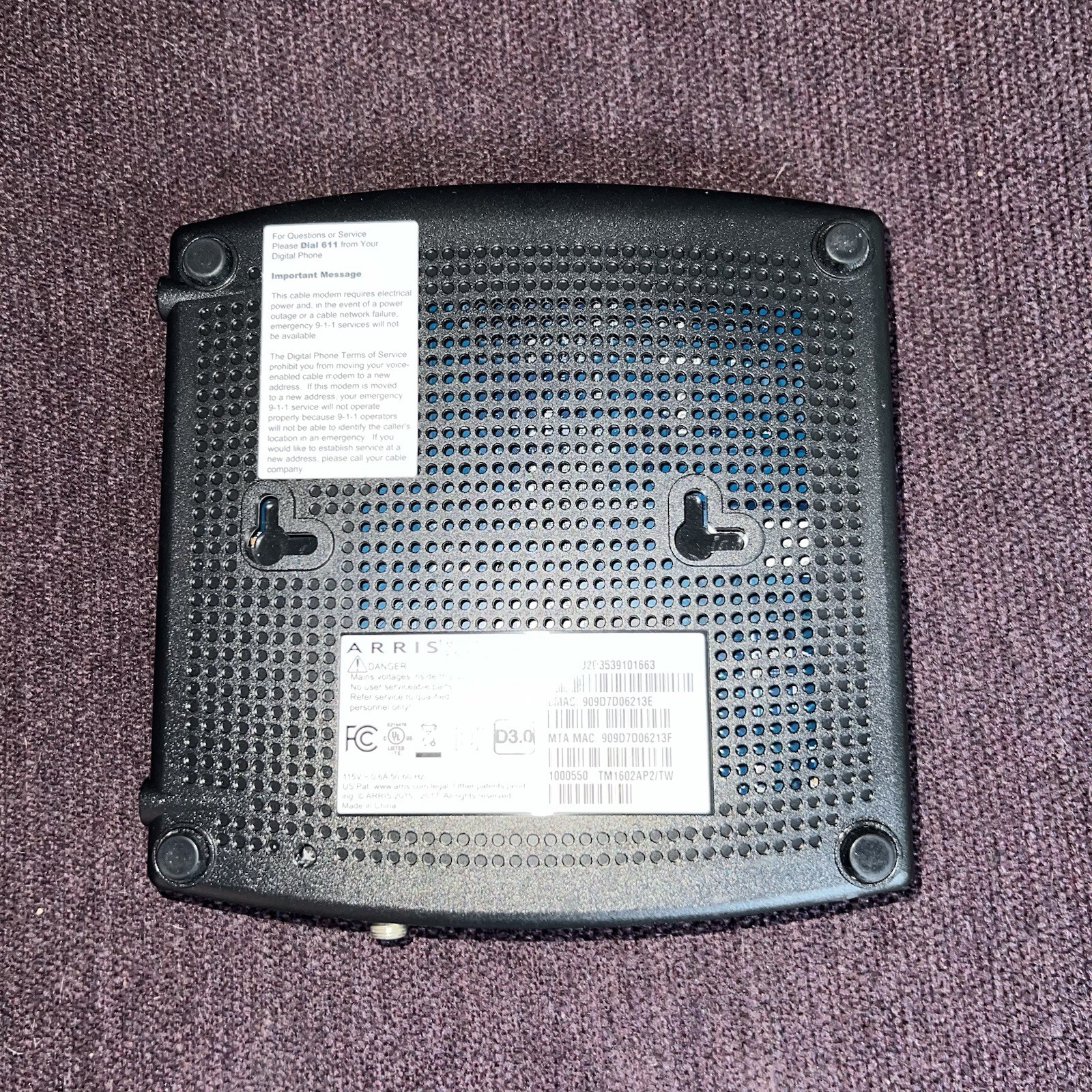 Arris TM1602A DOCSIS 3.0 Telephony Cable Modem Optimum WOW Cablevision Charter