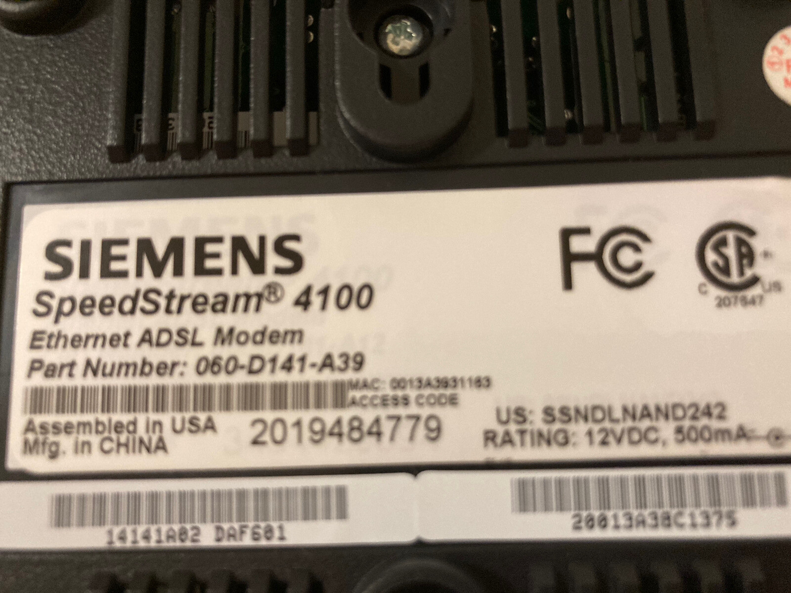 SIEMENS SpeedStream 4100 Ethernet ADSL Modem 060-D141-A39