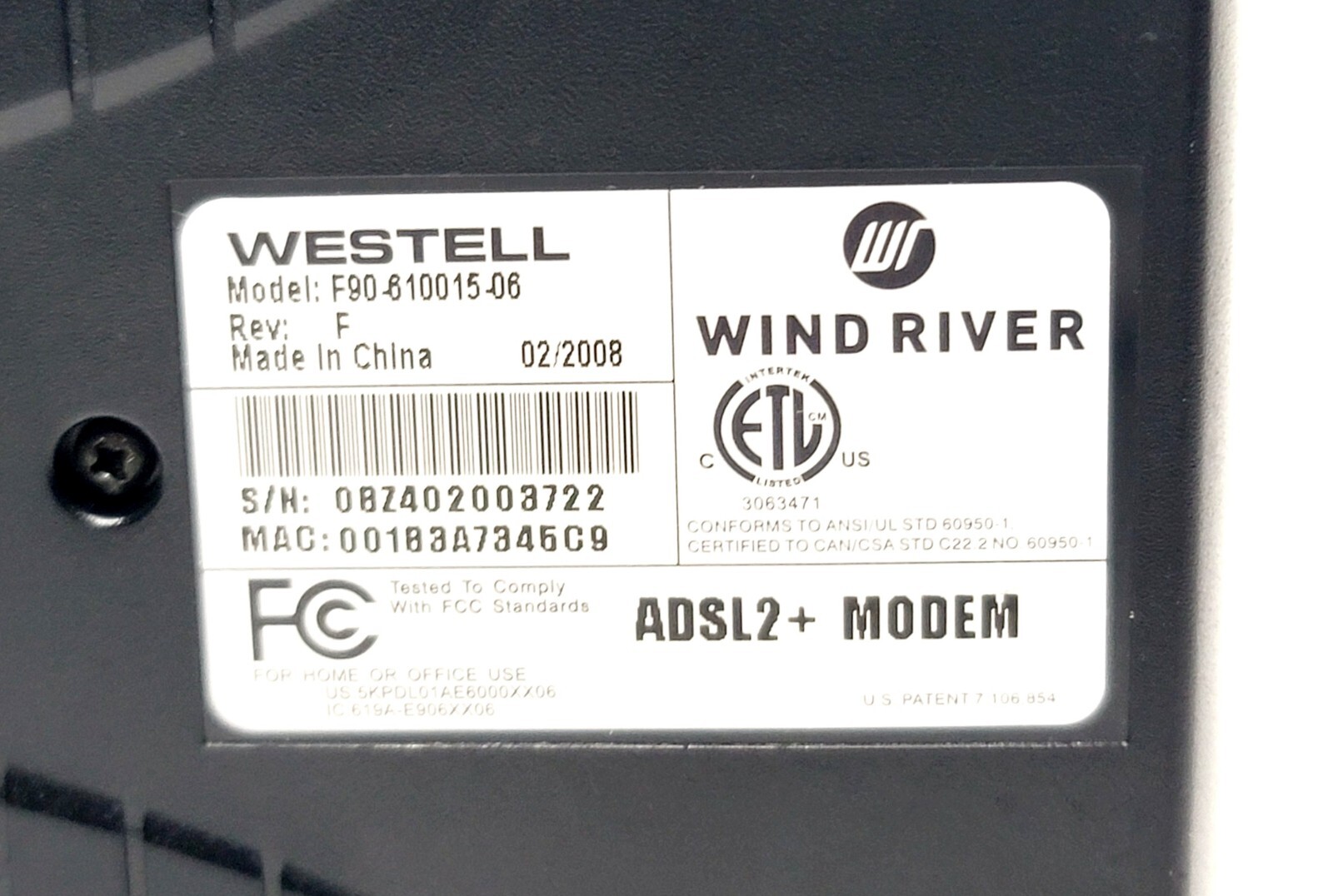 Westell 12VDC 6100F ADSL2 + Modem F90-610015-06 Rev F Wind River Internet Data