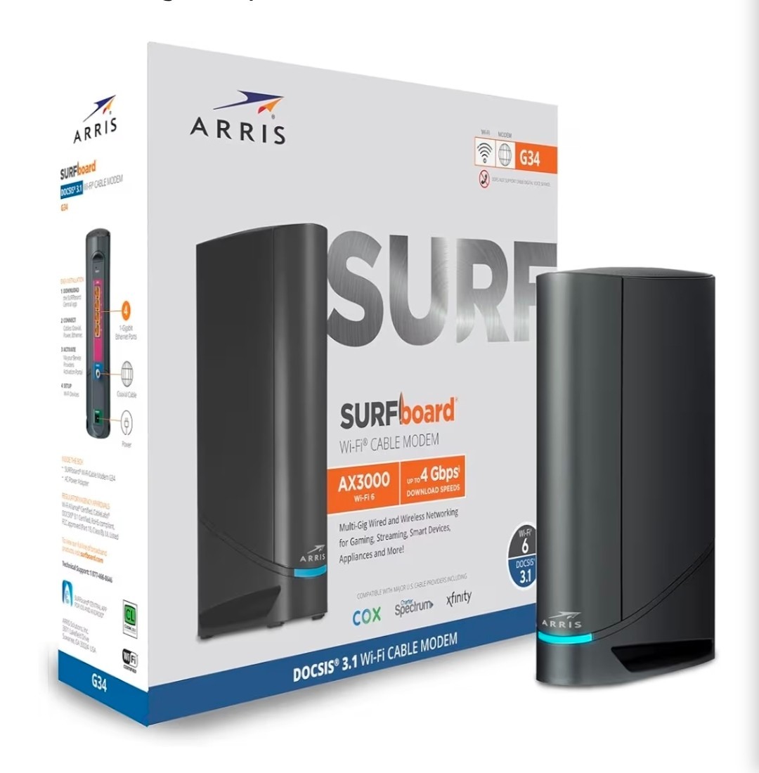 ARRIS Surfboard G34 DOCSIS 3.1 Gigabit Cable Modem and AX3000 Wi-Fi 6 Router