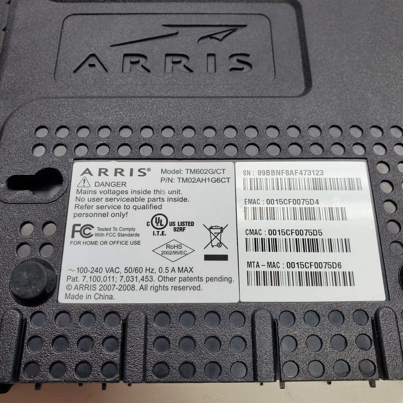 Arris TM602G/CT Cable Modem, Internet & Telephone *Missing Battery Cover*