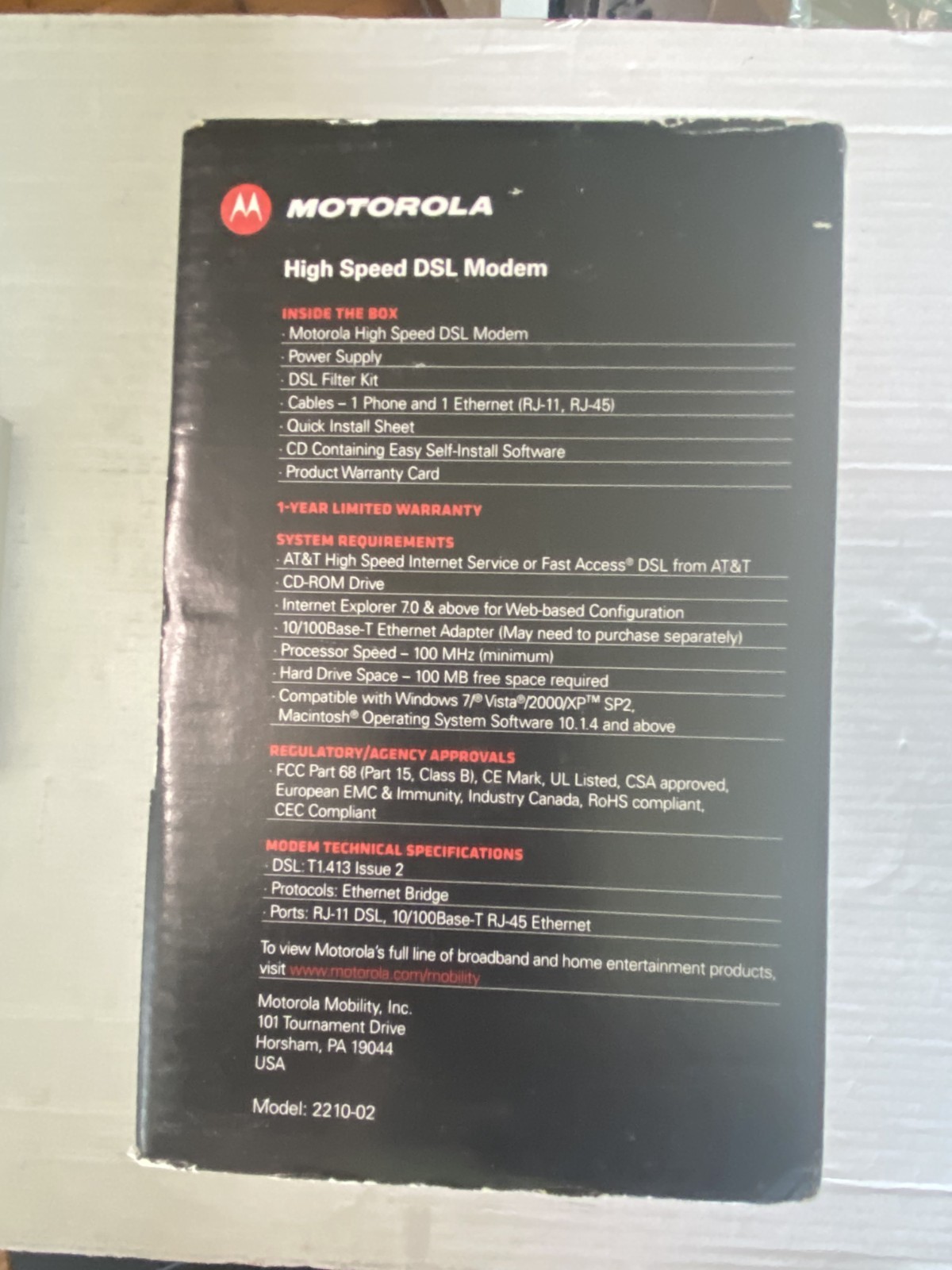 Motorola High Speed DSL Modem MSTATEA 2210-02-1022 AT&T w/ Accessories