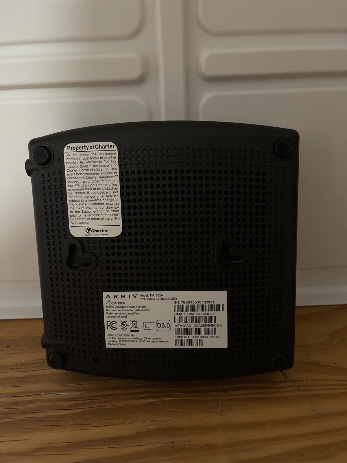 ARRIS Touchstone TM1602A DOCSIS 3.0 Cable Telephony Model Charter