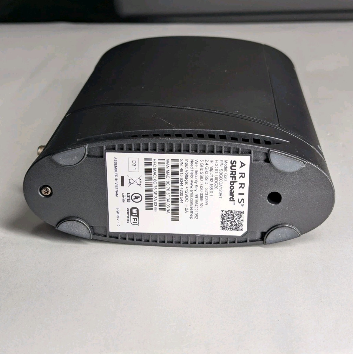 ARRIS G20 DOCSIS 3.1 WiFi 6 Router Modem ONLY – NO POWER CORD INCLUDED