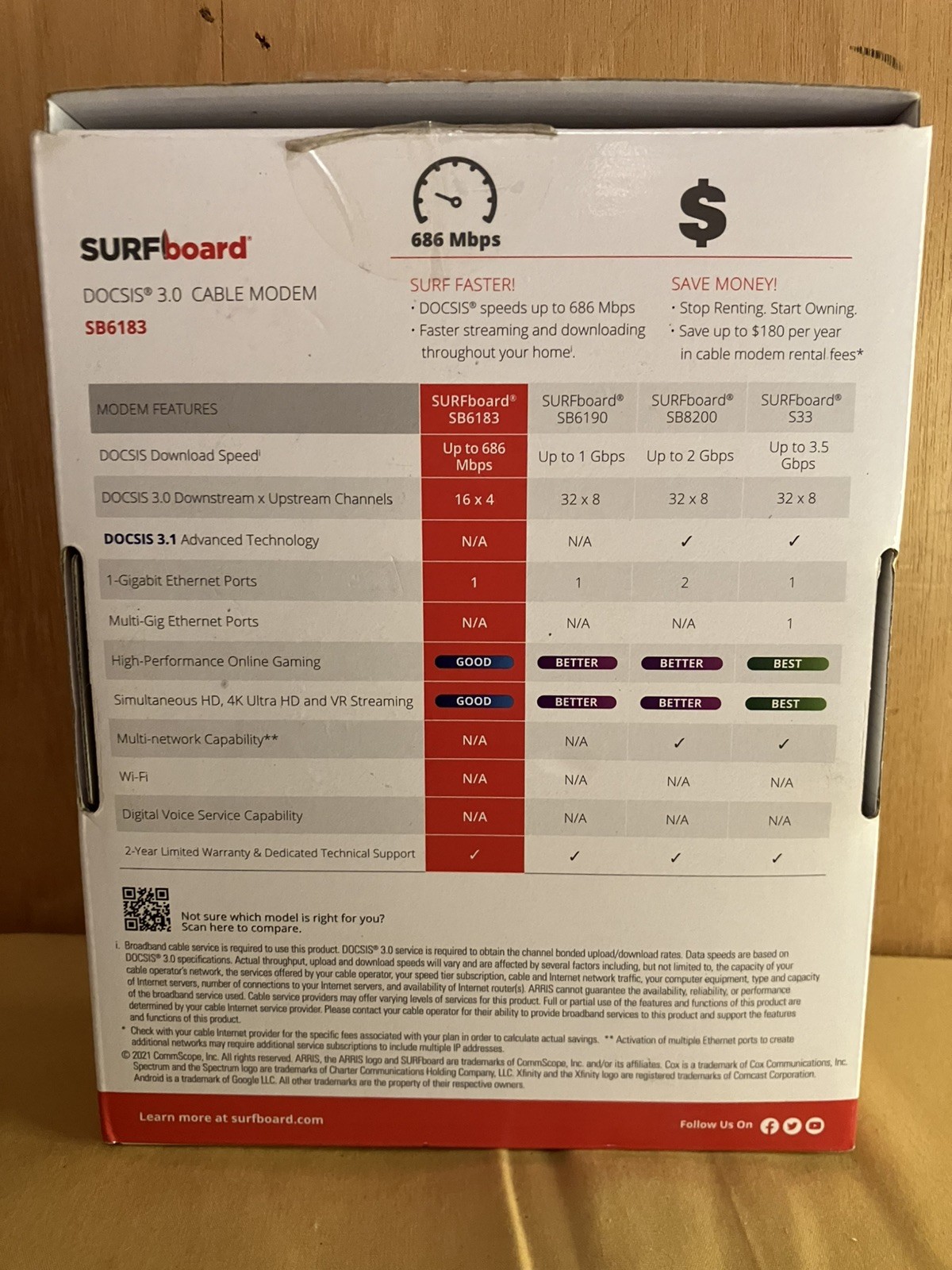 ARRIS SURFboard SB6183 DOCSIS 3.0 Cable Modem CIB Xfinity Spectrum Cox