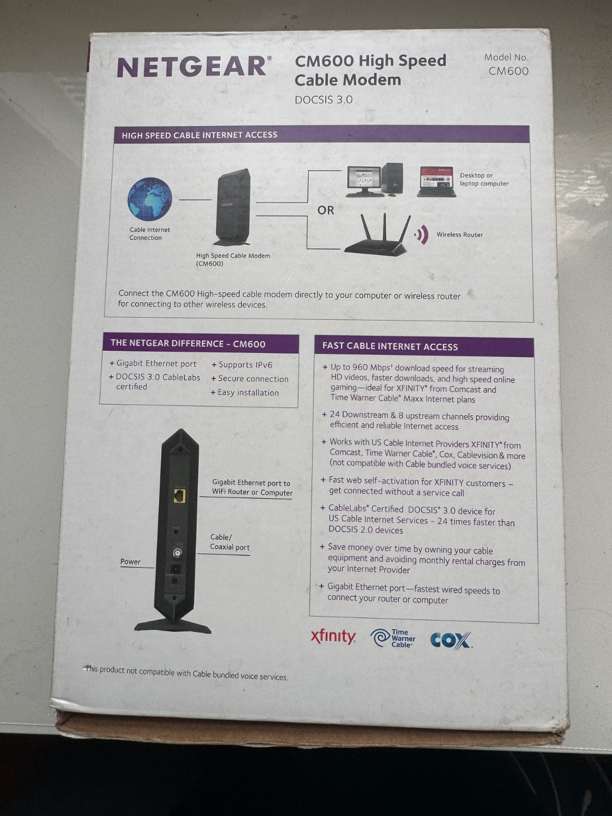 NETGEAR CM600 High Speed Gigabit Ethernet port Cable Modem Black