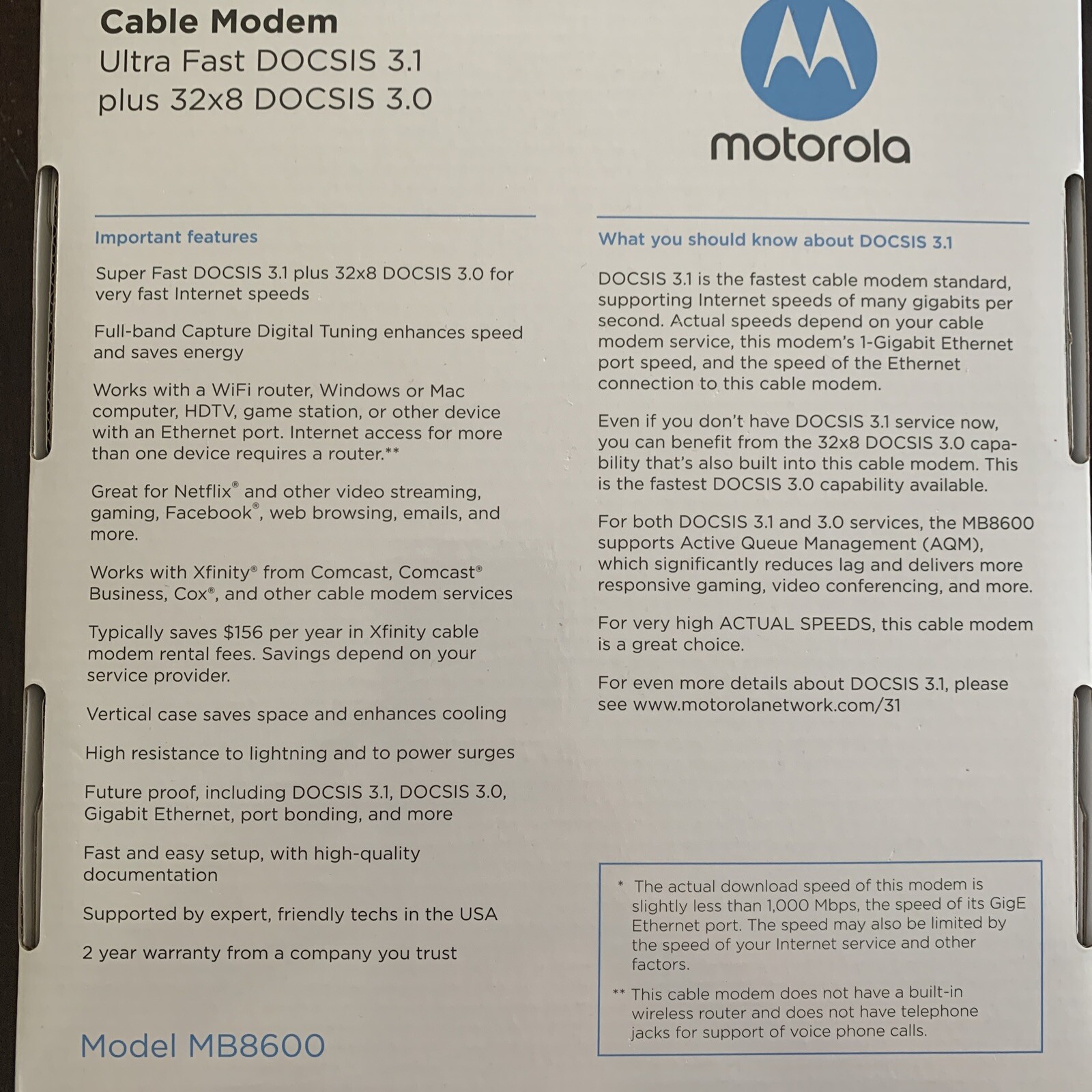 Motorola MB8600 Ultra-Fast DOCSIS 3.1 Cable Modem with 32X8 DOCSIS 3.0