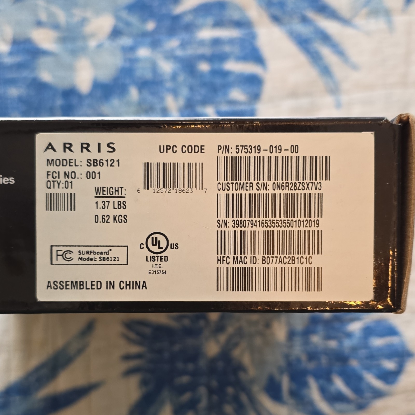 Motorola Arris SURFboard SB6121 DOCSIS 3.0 Cable Modem Ethernet IPv6 Black