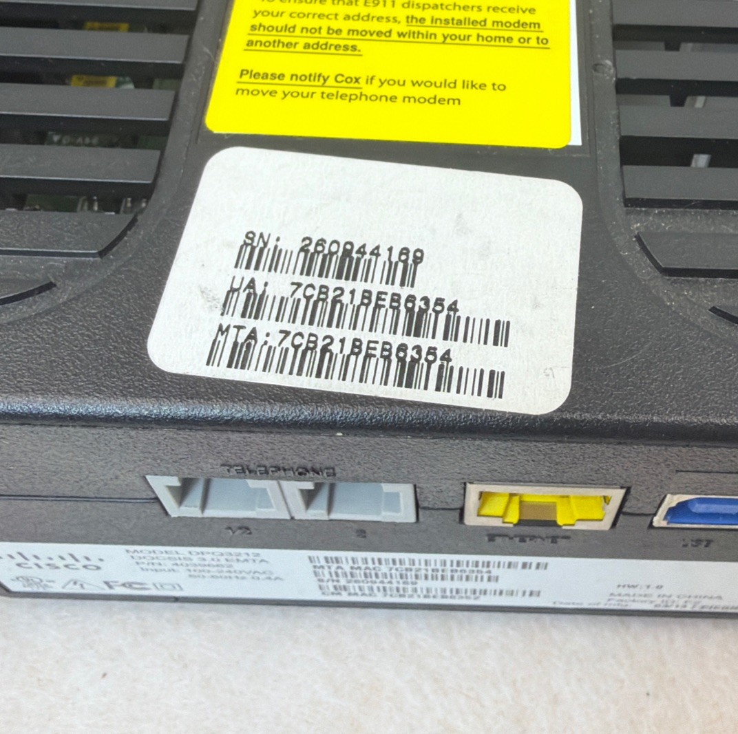 Cisco DPQ3212 DOCSIS 3.0 Residential Gateway Cable Modem Pre-Owned No Power Cord