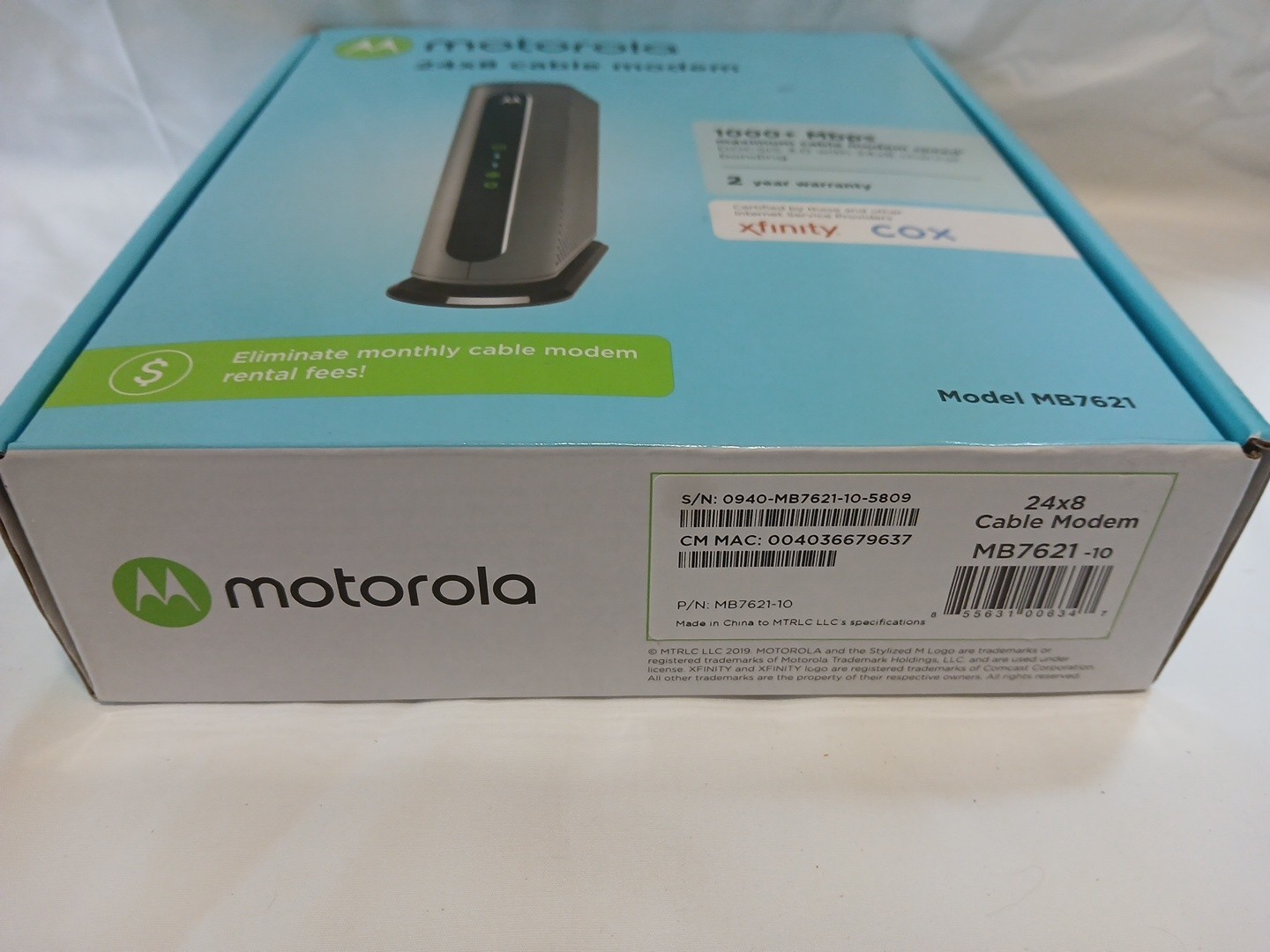 Motorola 24×8 Cable Modem DOCSIS 3.0 Model No. MB7621 Gently Used 1000+ Mbps
