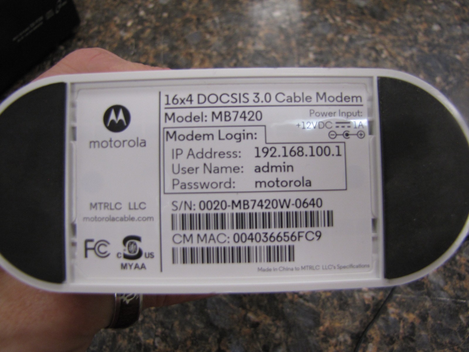 Motorola MB7420 16X4 686mbps DOCSIS 3.0 Cable Modem White w/ Adapter