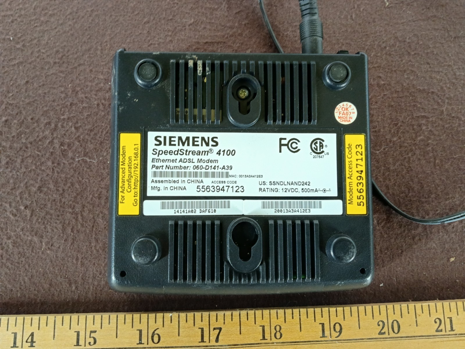 Siemens SpeedStream 4100 ADSL Modem – Powers On – Untested – AS‑IS