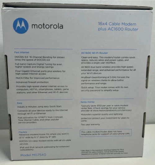 MOTOROLA MG7540 16×4 Cable Modem Plus AC1600 Dual Band Wi-Fi Router