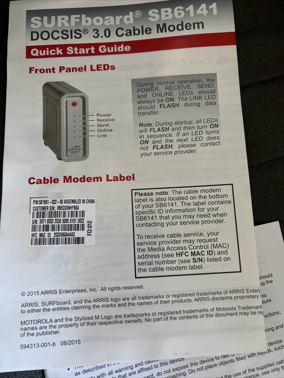 Motorola Arris SURFboard Modem 400 Series: Model SB6141, DOCSIS 3.0 New Open Box