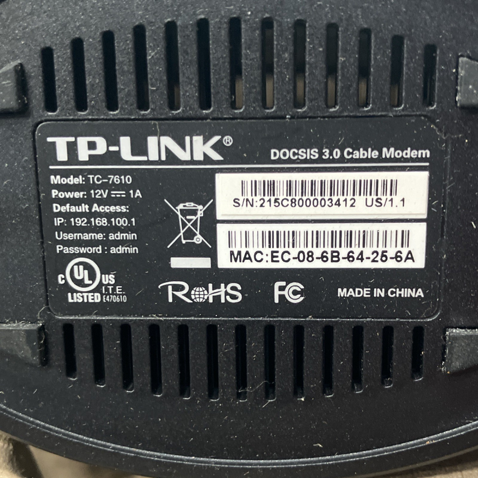 TP-LINK TC-7610 DOCSIS 3.0 Cable Modem
