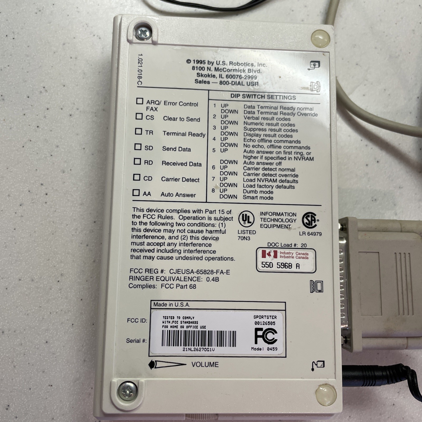 US Robotics Sportster Modem Macintosh 28.8 V.34 33.6 Faxmodem With POWER ADAPTER