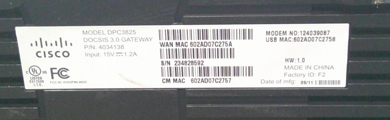 Cisco DPC3825 DOCSIS 3.0 Gateway Modem Router w/Power Adapter