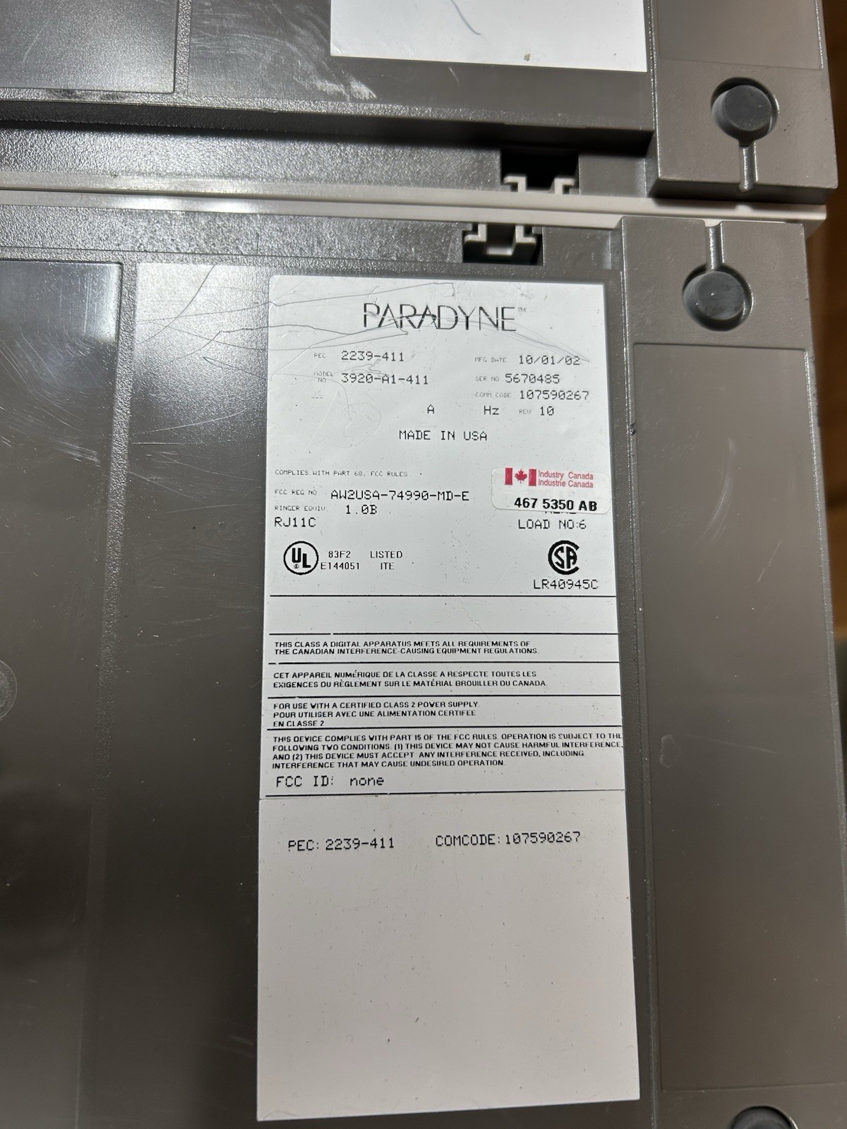 AT&T Paradyne Comsphere 3910 Modem (no power supply) 3920-A1-411