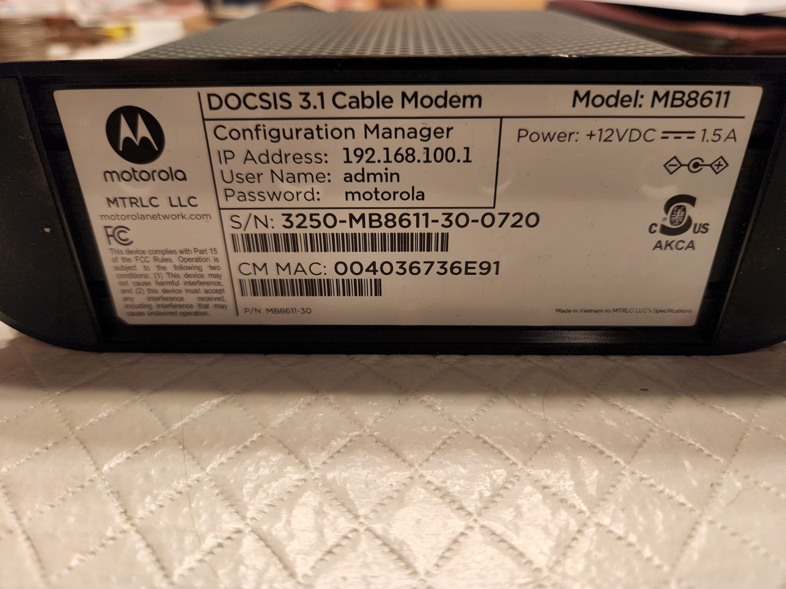 Motorola MB8611 DOCSIS 3.1 Cable Modem 2.5 Gbps Ethernet Port Black MB8611-30