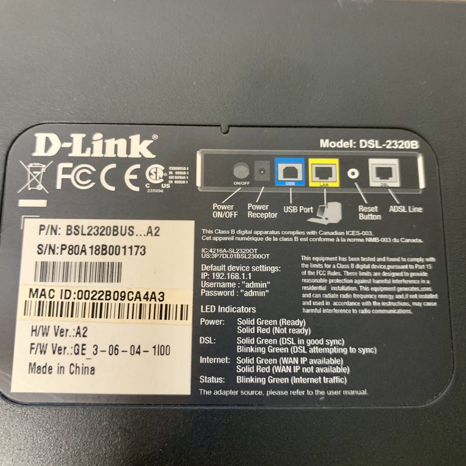 D-Link ADSL Modem Model : DSL-2320B Comes With Charger – Tested – Works Great!