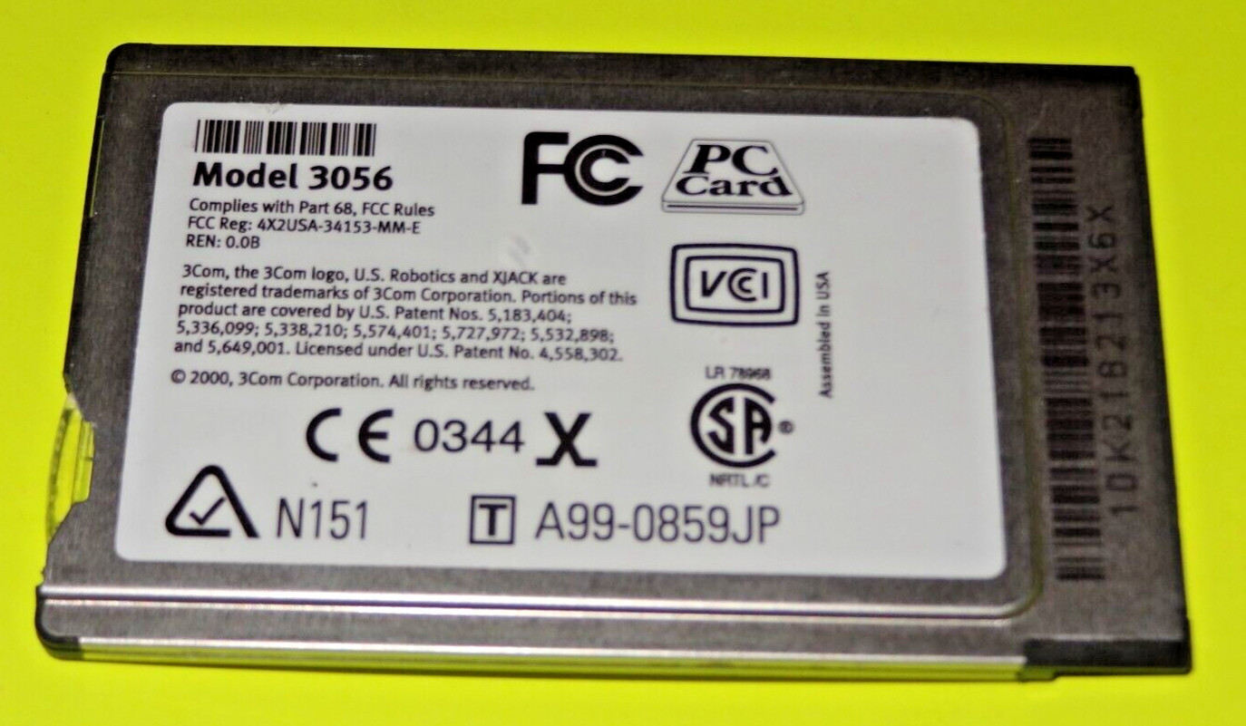 3COM USROBOTICS 56K MODEM PC CARD, MODEL 3056, V.90 56K