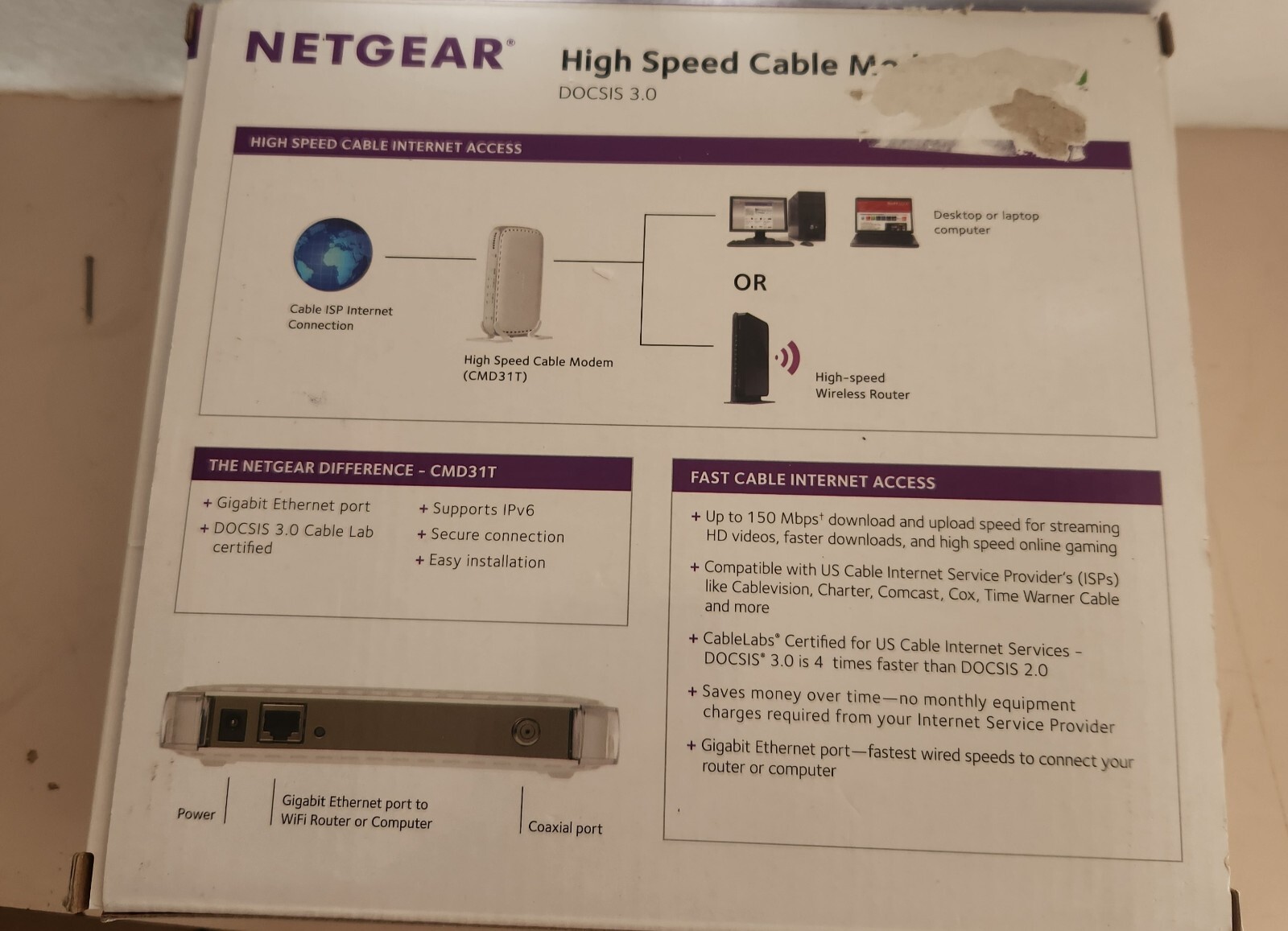 Netgear Internet Modem High Speed Cable Modem DOCSIS 3.0 CMD31T-100NAS Comcast