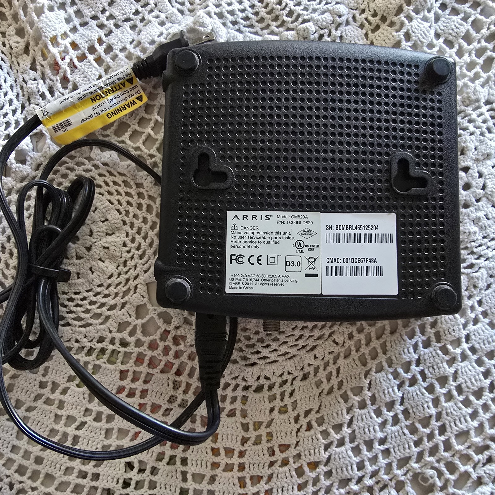 ARRIS CM820A DOCSIS 3.0 Cable Modem – Tested & Working – With Power Adapter