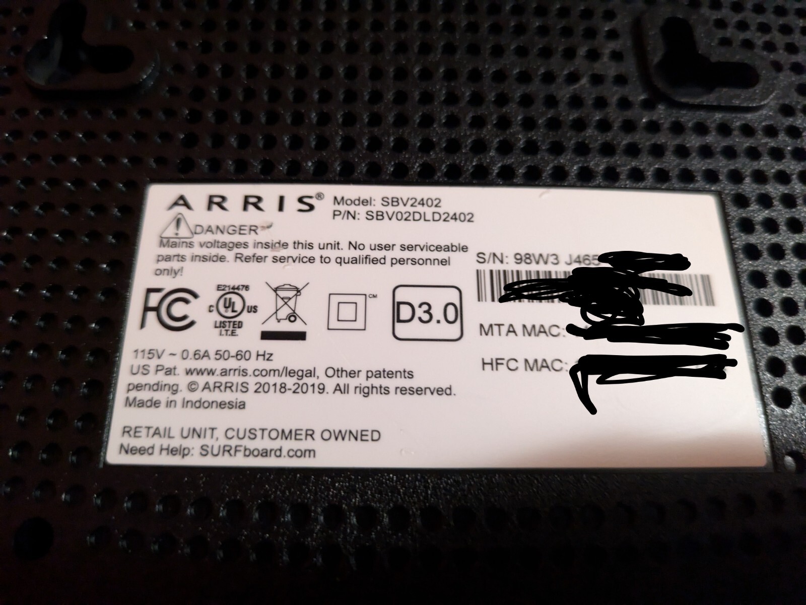ARRIS SURFboard DOCSIS 3.0 Cable Modem (SBV2402) Power Cable Included